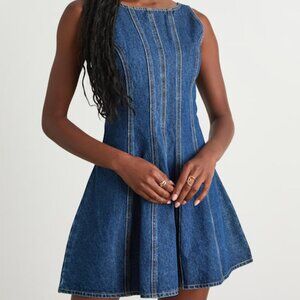 Lulus Marchella Dark Wash Denim Seamed Mini Dress Blue - Size M